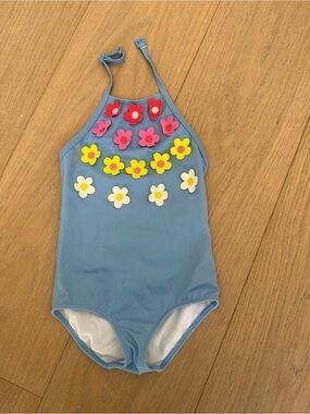Mini Boden Blue One-Piece Swimsuit with Colorful Flower Appliqués